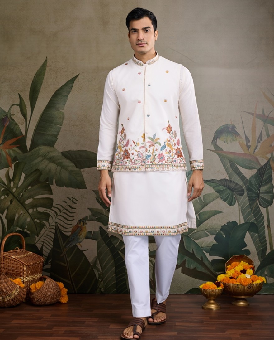 61232-white - Designer White Cotton Kurta with Embroidered Koti